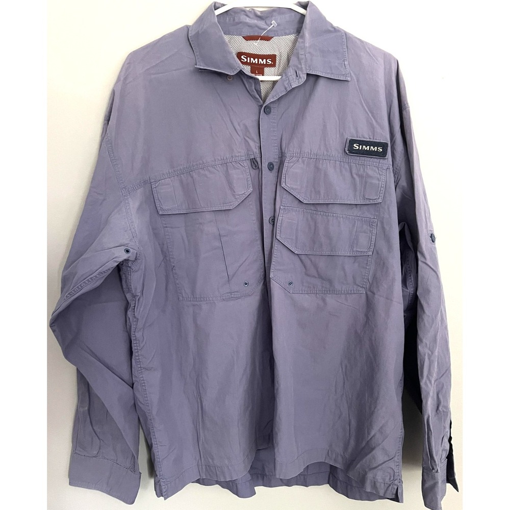 Simms Shirt Mens Large Purple Long Sleeve Fishing Outdoor Pockets Mesh Vented